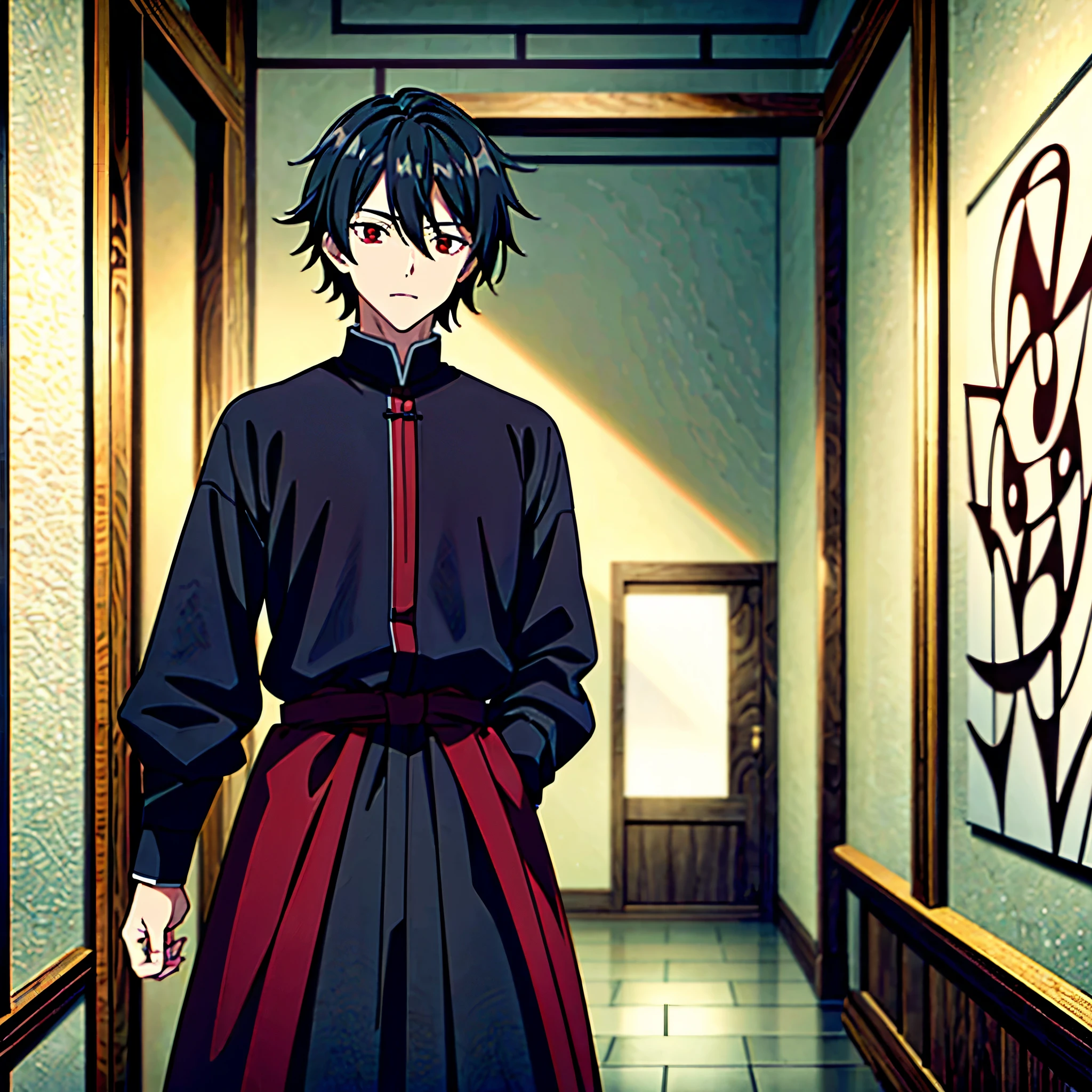 (Masterpiece artwork, best qualityer: 1.2) alone, Anime boy, black hair , red eyes , medieval clothes