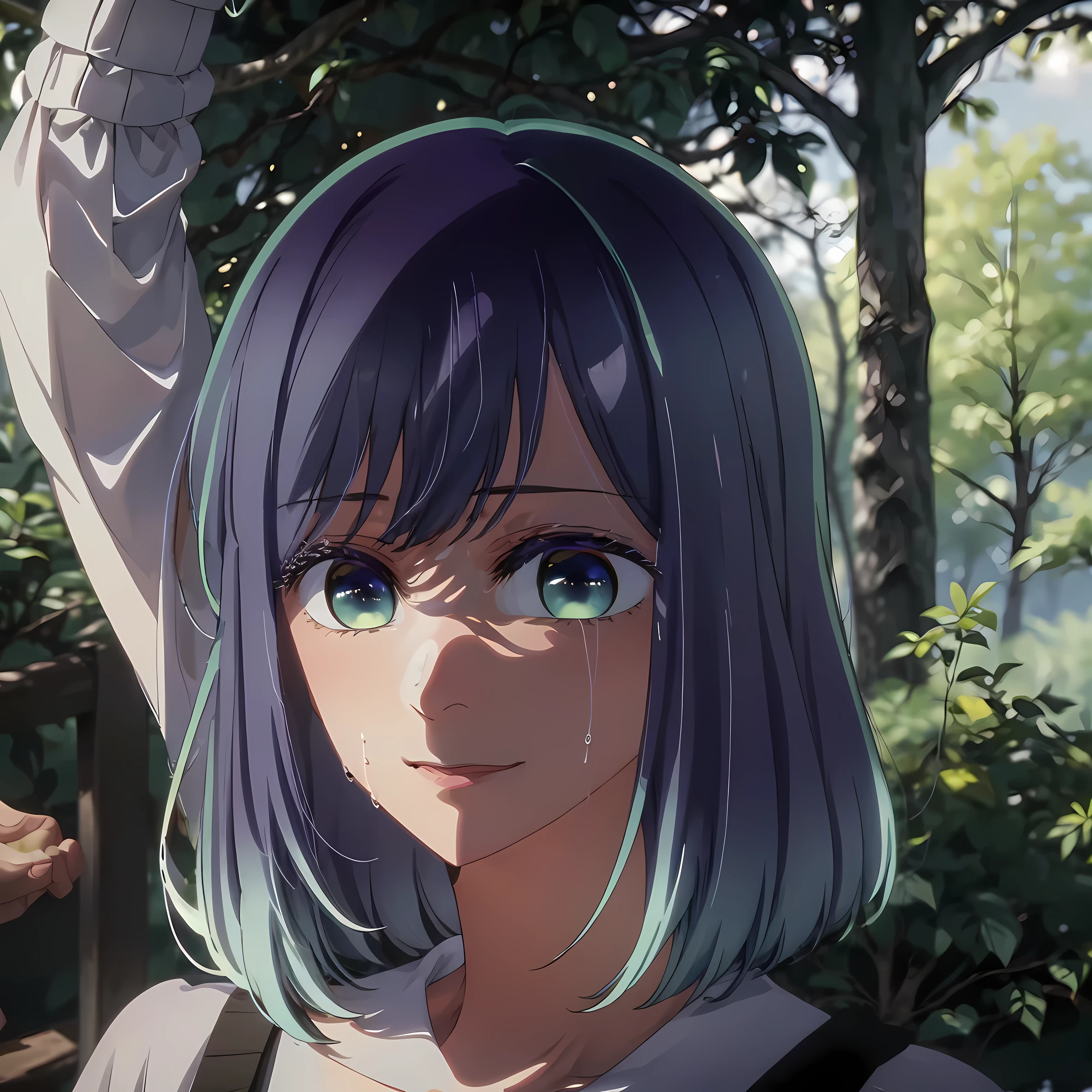 beautiful girl, showing face, short hair, 8k, professional photography, delicate, clear, in the forest, sun, light leaks, masterpiece, (beautiful)))), (reality)))), smile, fantastic, young, tall body, tall, long legs, mature woman, mature, adult, , eft_oshi_akane, alone, 1 girl, blue hair, looking at viewer, medium hair, bangs, closed mouth, green eyes, multi-colored hair, short hair, hand up, sweat, discolored hair, blue eyes, more details XL