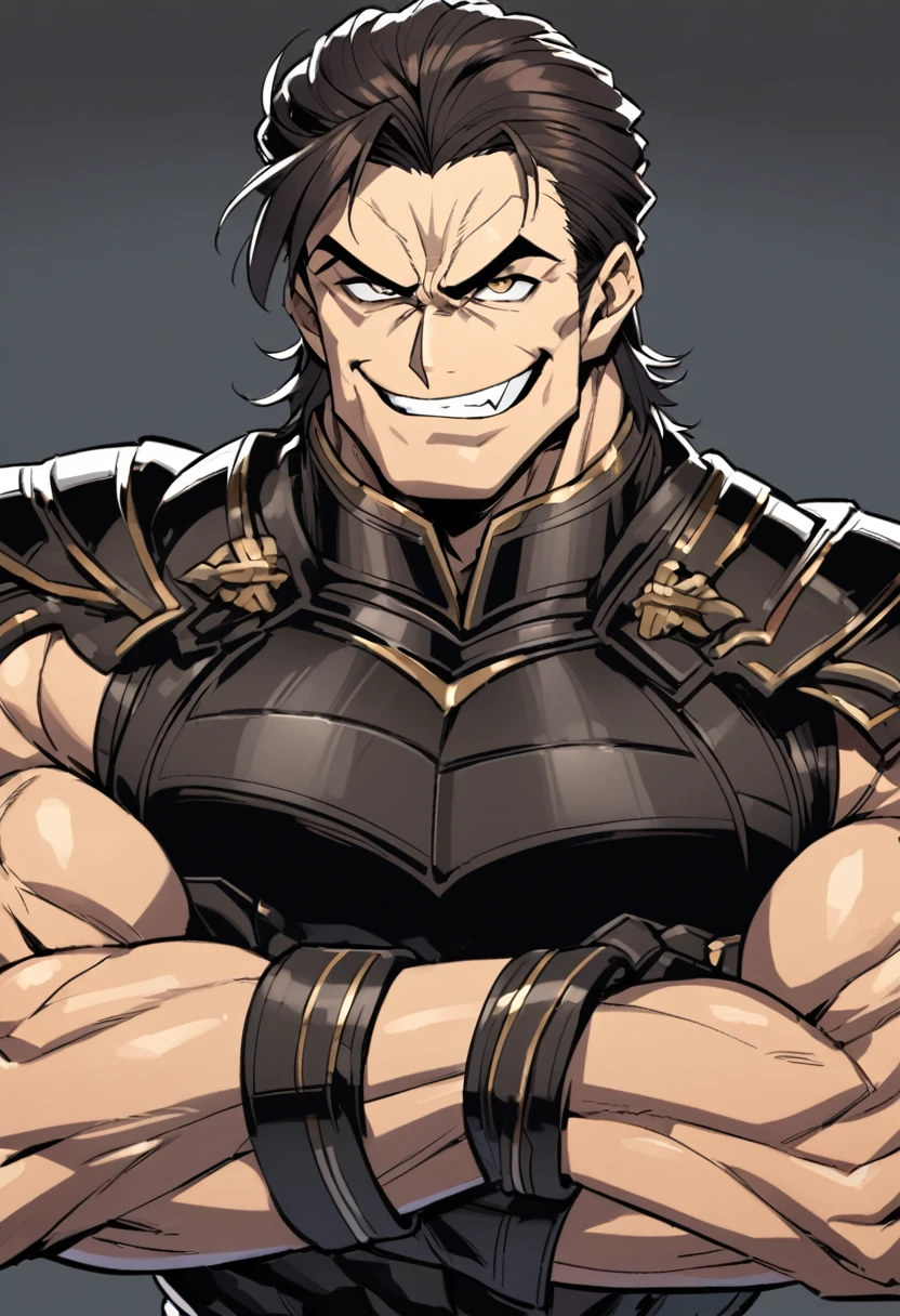 dark hair, mature male, short hair styled up, Dark black armor, crossed arms, muscular body, cocky smirk, chad face, evil smile