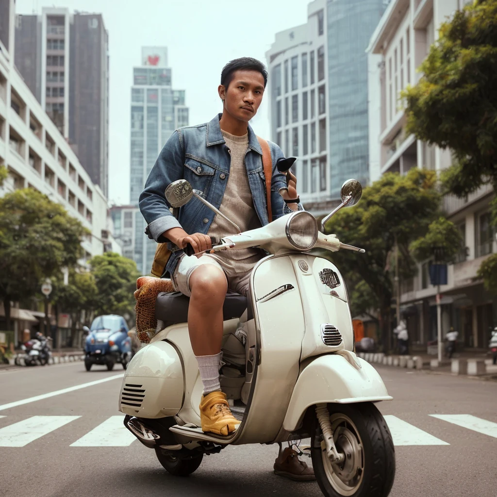 outdoor photo, an Indonesian man, riding a vespa scooter, wearing casual relaxed clothes, empty city street background, realistic, best photography result, UHD, 32K