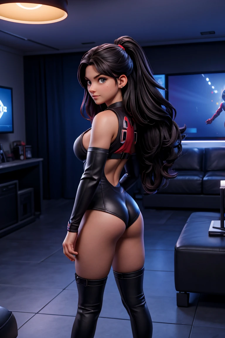 a full body short of 22 year old girl in Deadpool costume streaming playing video game on desktop PC, 1girl, Mole in right chin on face , oversized, c cup breast medium size , black straight long hair ,hairstyle, , Fujifilm Fujicolor 200 (Color Negative) , Dark and moody, Modern , Shot from Behind , Shot by ARRI Alexa LF camera with ARRI Signature Primes lens 12mm T1.8 , dramatic lighting, 4k, elite, depth of field, cinematic lighting, clear tones, high resolution, beautifully lit , Silhouette, Double Backlighting, Hair light, Rim Lighting , Game Room , Photography by David LaChapelle ,