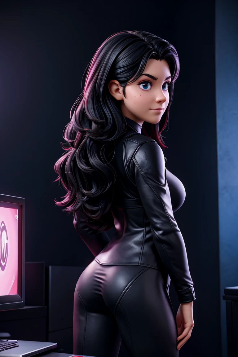 a full body short of 22 year old girl in Deadpool costume streaming playing video game on desktop PC, 1girl, Mole in right chin on face , oversized, c cup breast medium size , black straight long hair ,hairstyle, ,  Fujifilm Fujicolor 200 (Color Negative) ,  Dark and moody, Modern ,  Shot from Behind ,  Shot by ARRI Alexa LF camera with ARRI Signature Primes lens 12mm T1.8 ,  dramatic lighting, 4k, elite, depth of field, cinematic lighting, clear tones, high resolution, beautifully lit ,  Silhouette, Double Backlighting, Hair light, Rim Lighting ,  Game Room ,  Photography by David LaChapelle ,  