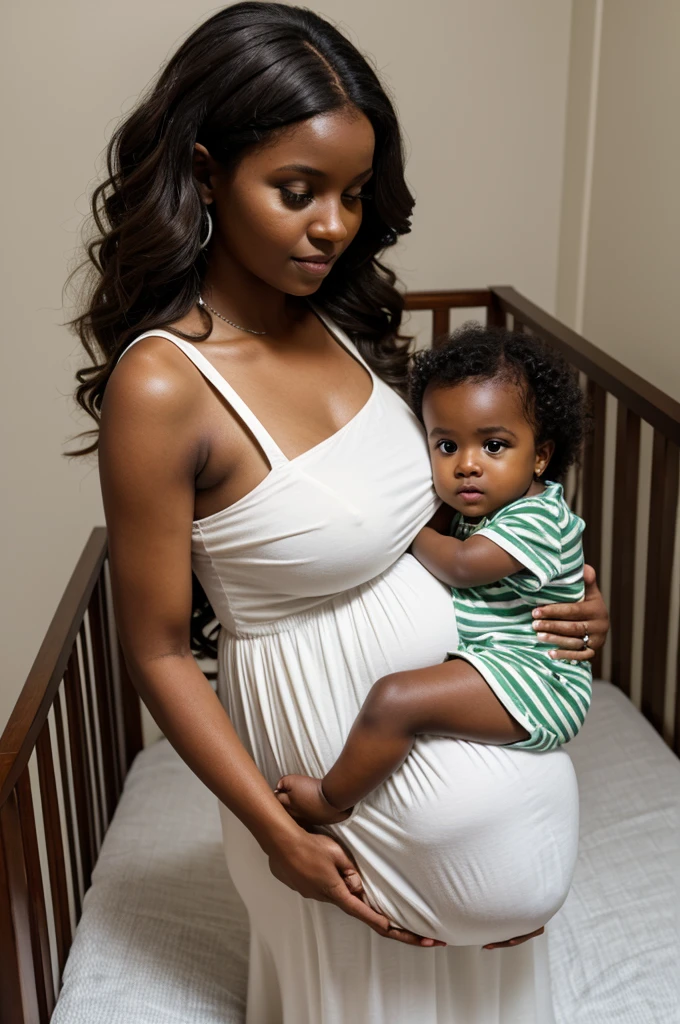 Pregnant woman with dark skin, with a long white dress, with dark green hoops, orange eyes, with short, curly dark brown hair, with a  in the crib