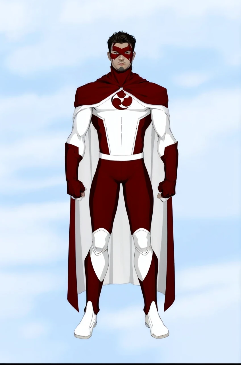 a cartoon of a man in a red and white suit and cape, new fantasy concept design, white and blood color scheme, Puerto Rican superhero, white and red armor, senor. nimbus character design, full body white purple cloak, streamlined white armor, inspired by Stan Stokes, boys tv show superhero, full body concept