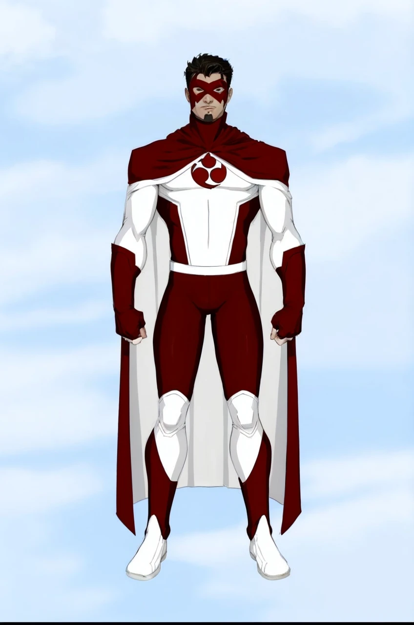a cartoon of a man in a red and white suit and cape, new fantasy concept design, white and blood color scheme, Puerto Rican superhero, white and red armor, senor. nimbus character design, full body white purple cloak, streamlined white armor, inspired by Stan Stokes, boys tv show superhero, full body concept