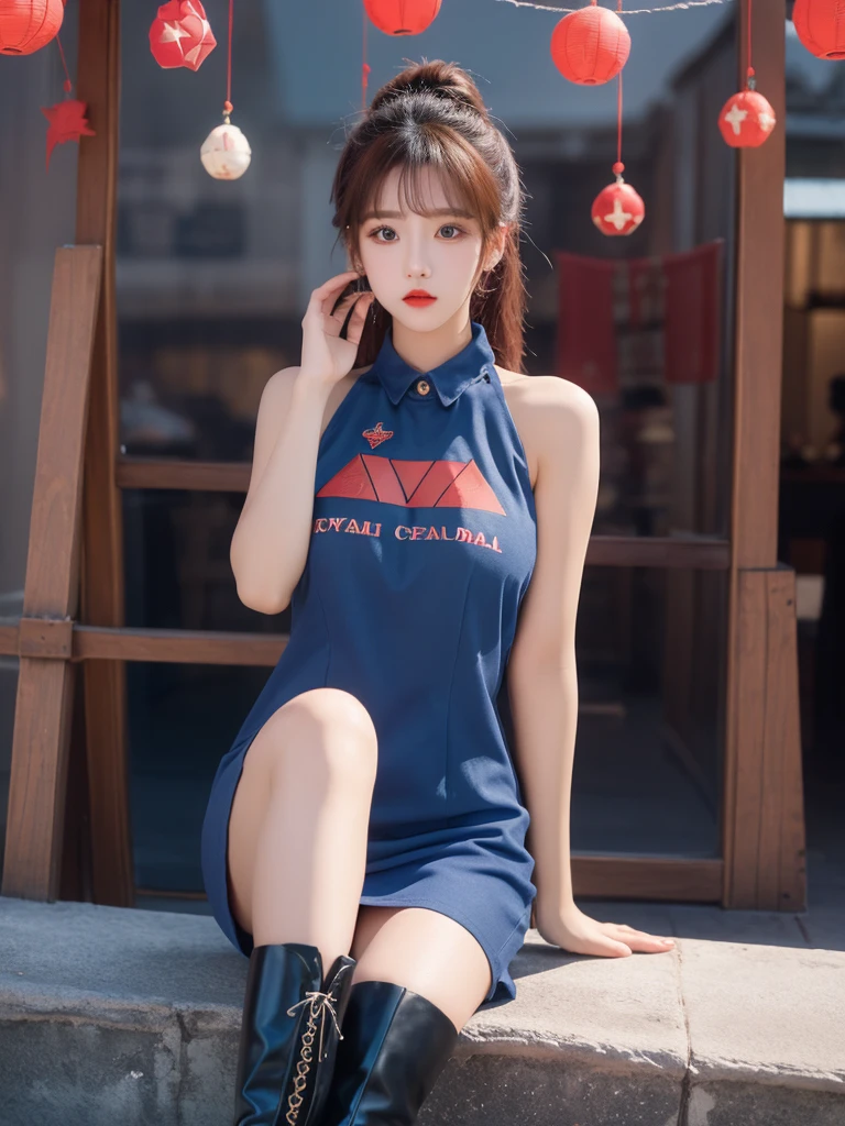 Beautiful woman wearing a dark blue and red Wearing swag style clothes mini dress with decorations on the shirt and visible shoulders and wearing boots and being photographed with a background And was in the pyramid ,Korean style swag, beautiful face so gorgeous, Beautiful eyes, y2k style,