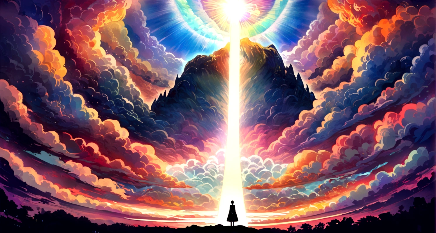 (a person silhouette) Texture, (detailed), Tall, ((Majestic)), The background is illuminated by sunlight and clouds,inverted image, colourful rays coming out from the head, showing elevated spirituality, light in the heart place