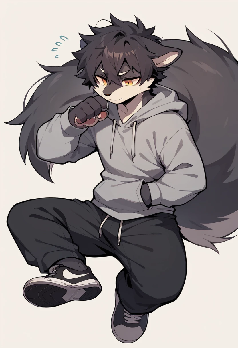 Anthromorphic wolf, clothing: grey hoodie, black sweatpants, black Nike shoes. Appearance: messy tufts of hair, big tail, paws for hands.