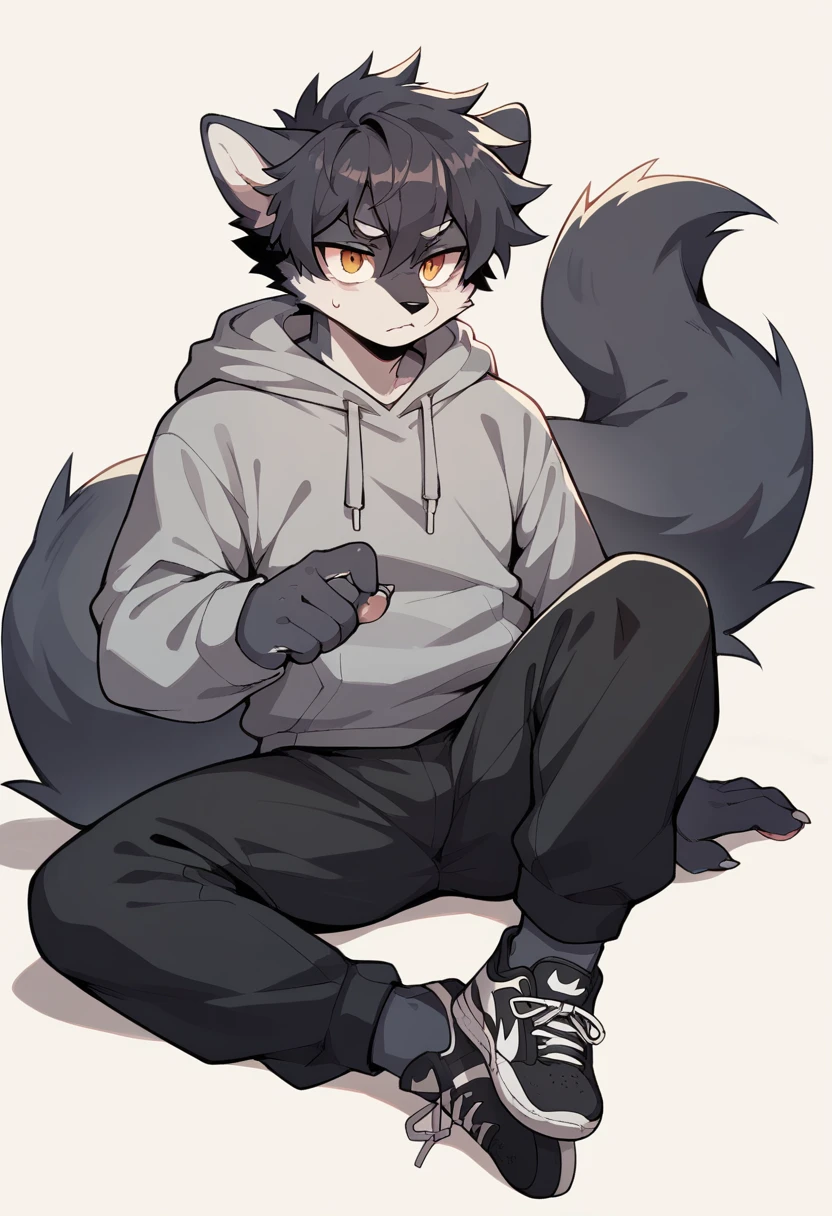 Anthromorphic wolf, clothing: grey hoodie, black sweatpants, black Nike shoes. Appearance: messy tufts of hair, big tail, paws for hands.