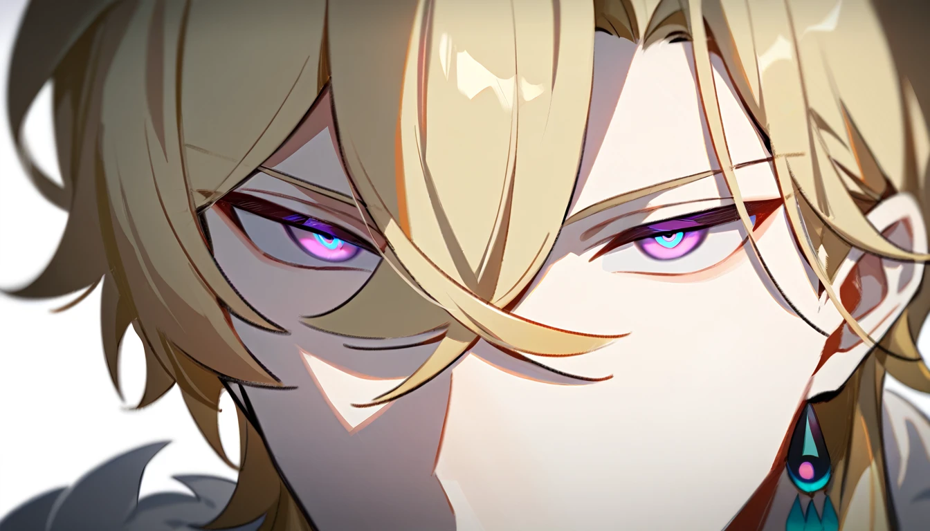 ((в профиль)) (1boy, solo, solo focus), смеется, male focus, bishounen, pale skin, aventurine, blonde hair, medium hair, (two-tone eyes, purple eyes, blue eyes), (perfect face, perfect eyes:1.2), seductive smile,  simple background, казино, монеты