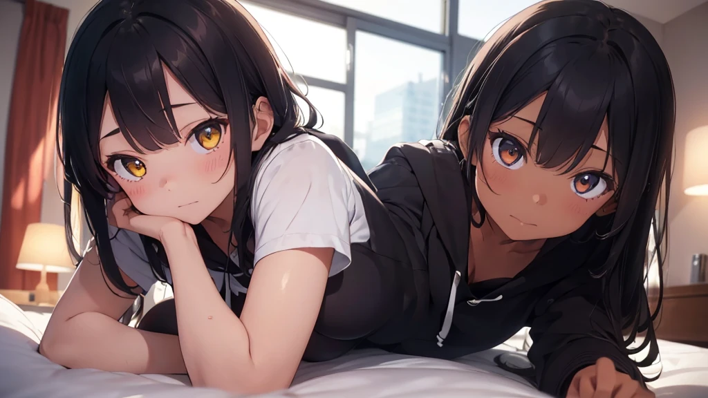 (((Masterpiece, highest quality, high definition, high detail)))), (((modern))), ((bedroom)), ((laying on bed)), (((one girl))), A girl in hotel room, moonlight coming through window, beautiful face, tomboy, wearing hoodie, dark pajama shorts, (dark skin*2), (black + short wavy hair*1.2), yellow eyes, blunt bangs, wearing hoodie, gym panties, blushed face, small breasts, High resolution, dark ambient by professional AI, hotel room, lights are off, looking at viewer, (((One girl in middle))), (((SOLO)))