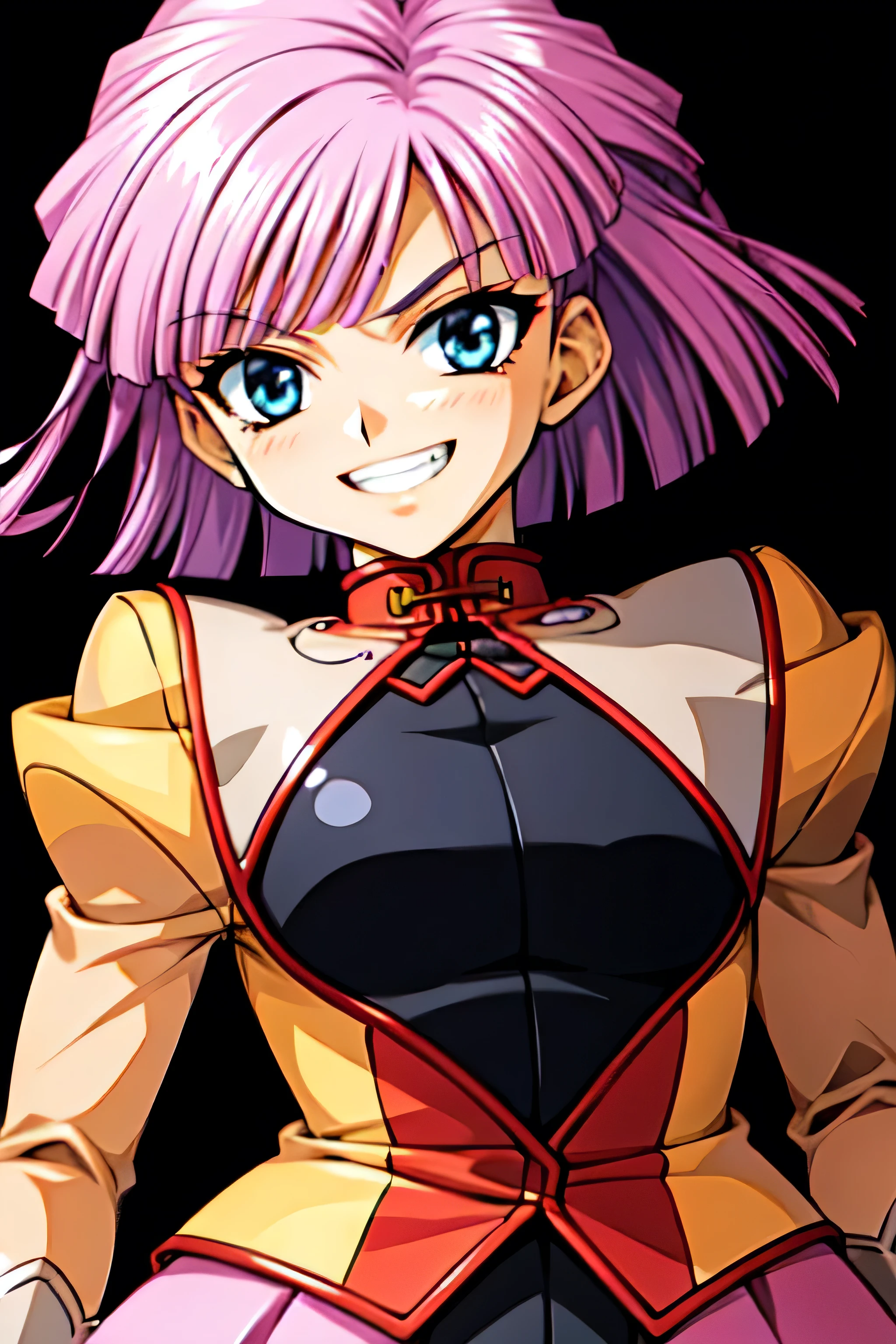 (best_quality 4K, 8K, High resolution, Masterpiece: 1.2), ultra detailed),from_below,(anime_screencap),(1girl,solo),dynamic_angle,too evil_smile,too evil laugh at,tis,deep shaded_face,too sadistic,smile worst,,bob short hair,,,looking at viewer,upper body,black background,too worst smile,too bad smile,