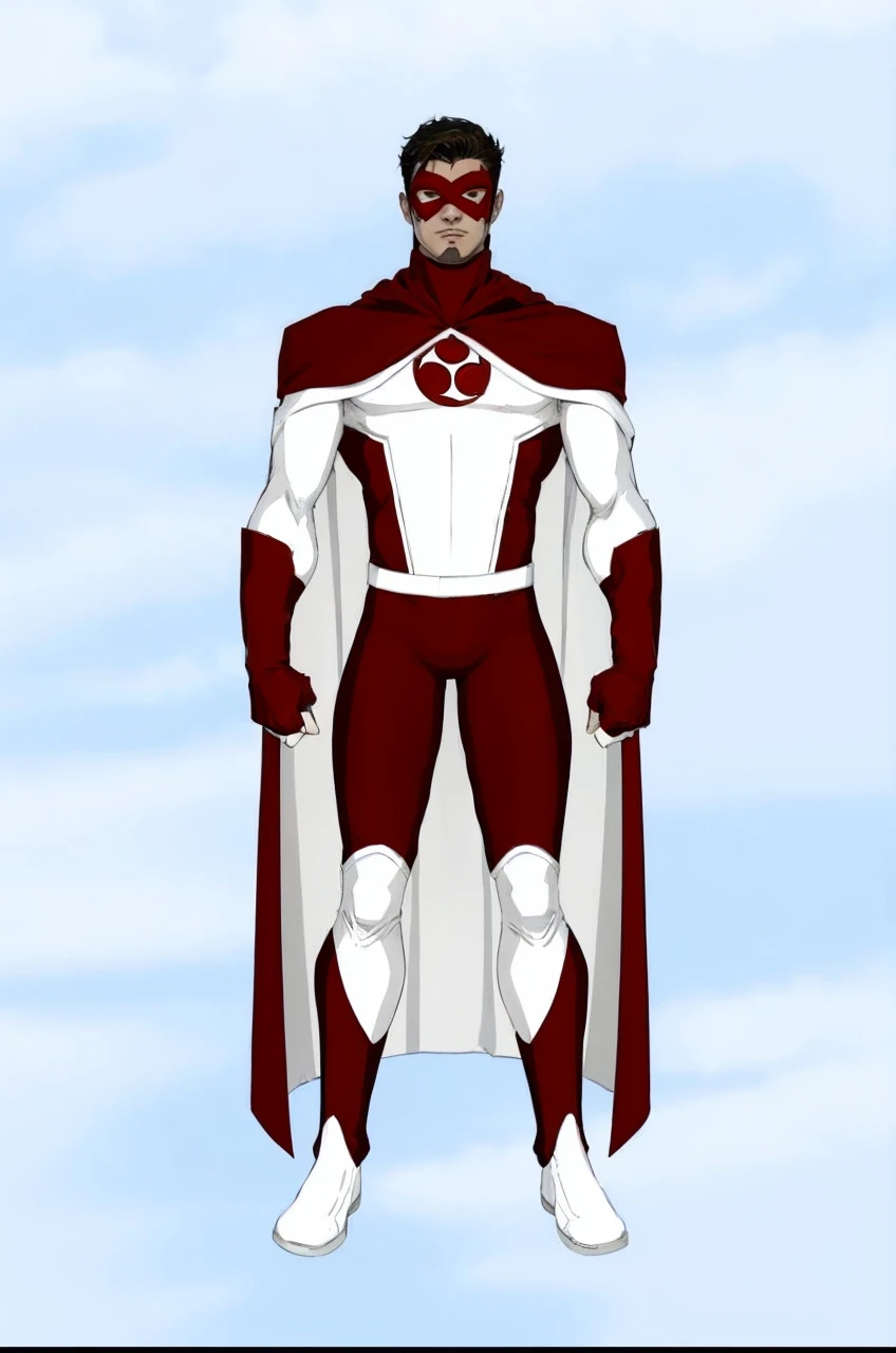 a cartoon of a man in a red and white suit and cape, new fantasy concept design, white and blood color scheme, Puerto Rican superhero, white and red armor, senor. nimbus character design, full body white purple cloak, streamlined white armor, inspired by Stan Stokes, boys tv show superhero, full body concept