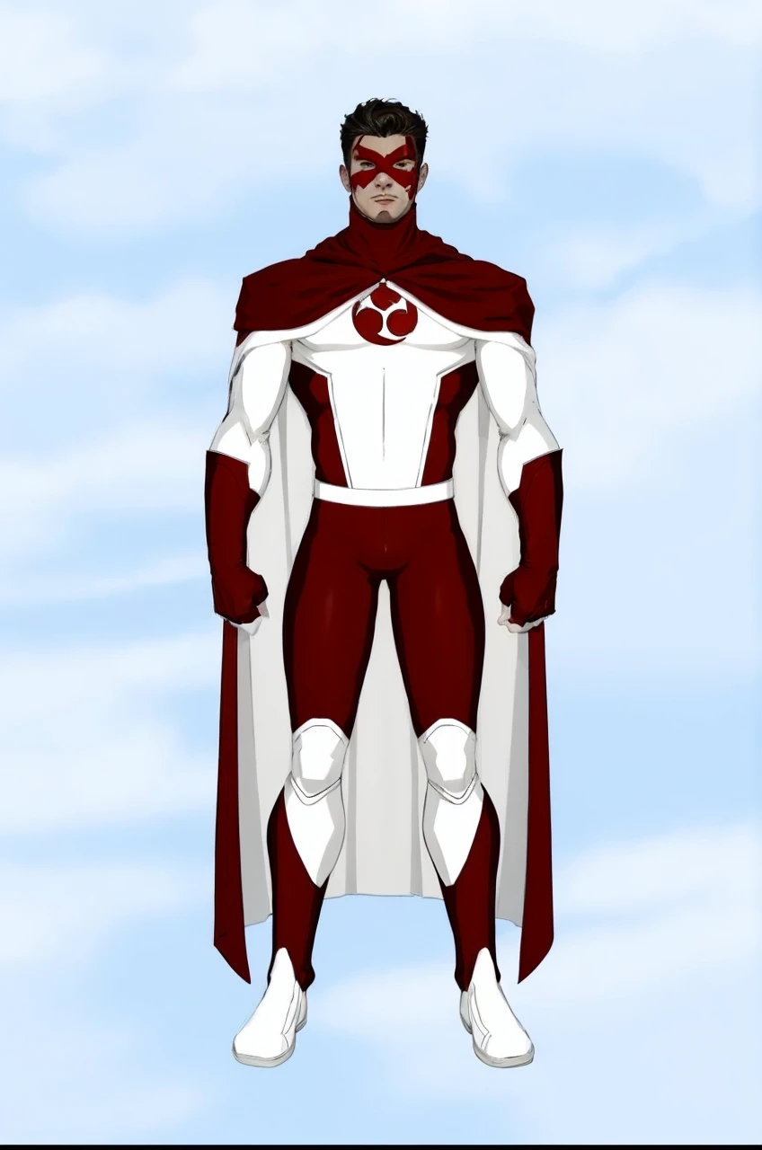 a cartoon of a man in a red and white suit and cape, new fantasy concept design, white and blood color scheme, Puerto Rican superhero, white and red armor, senor. nimbus character design, full body white purple cloak, streamlined white armor, inspired by Stan Stokes, boys tv show superhero, full body concept