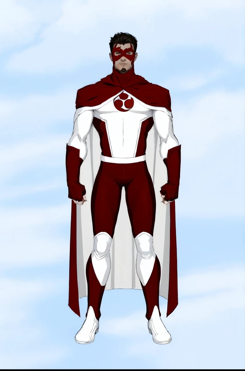 a cartoon of a man in a red and white suit and cape, new fantasy concept design, white and blood color scheme, Puerto Rican superhero, white and red armor, senor. nimbus character design, full body white purple cloak, streamlined white armor, inspired by Stan Stokes, boys tv show superhero, full body concept