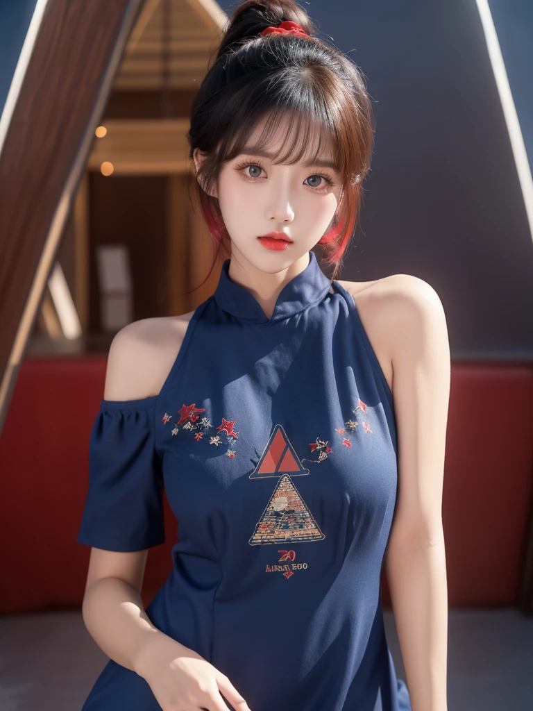 Beautiful woman wearing a dark blue and red Wearing swag style clothes mini dress with decorations on the shirt and visible shoulders and wearing boots and being photographed with a background And was in the pyramid ,Korean style swag, beautiful face so gorgeous, Beautiful eyes, y2k style,