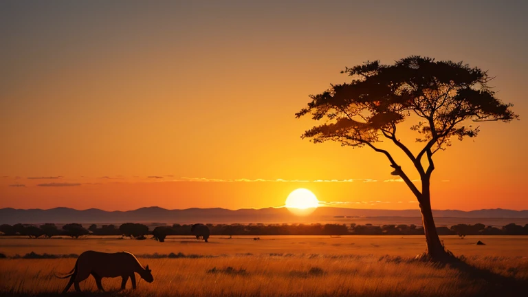 (Sunrise Time), (Color gradient), Africa, Savannah, sunrise, Golden light, Vast, horizon, Acacia tree, grassland, wild animals, silhouette, Soft Light, Long Shadows, Orange sky, warm, Natural Beauty, Calm, Nature, Tranquility,