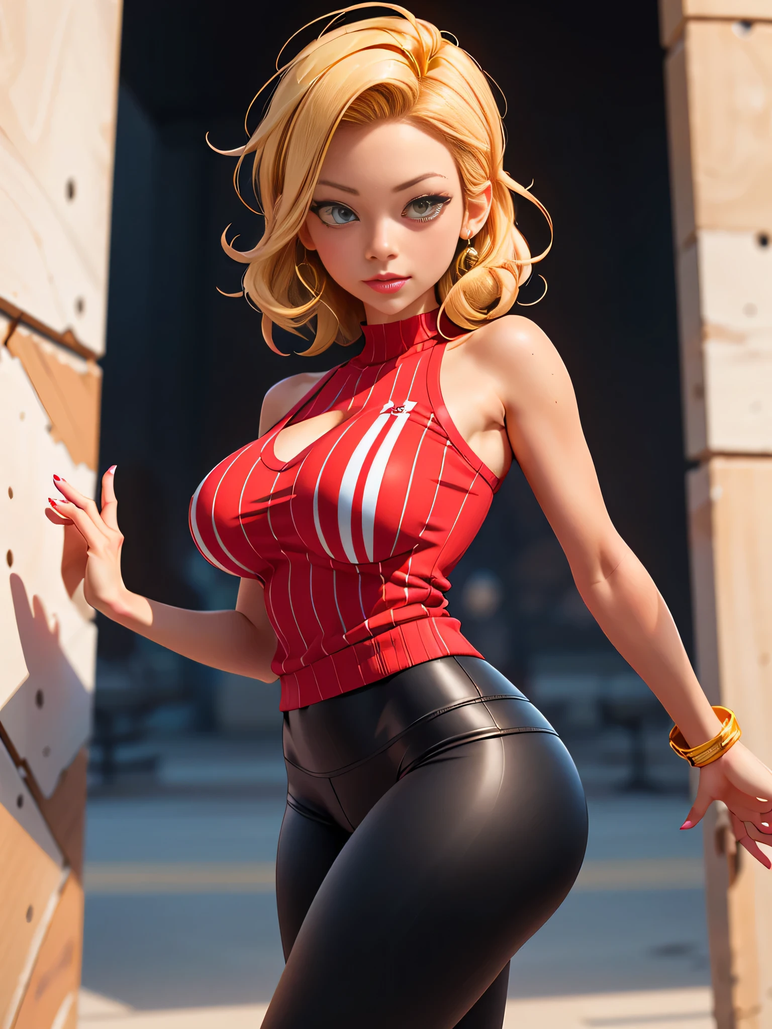 Masterpiece, best quality, ultra detailed, beautiful woman, short curly and voluminous blonde hair,  with short black hair, perfect body with big breasts and big thighs, she wears a horizontal red-white striped mini top with a low chest and bare shoulders, she wears very tight black leggings,  amysmart