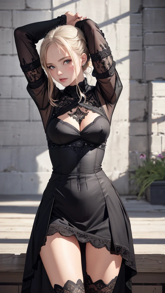 from behind,backwards,stretching,(leather boots,asymmetrical armor,(long embroidered lace dress,see through,lift up the hem of the dress)),(Thin type:1.8),(big breasts),(random hairstyle),(Highest image quality,(8k),ultra-realistic,best quality, high quality, high definition, high quality texture,high detail,beautiful detailed,fine detailed,extremely detailed cg,detailed texture,a realistic representation of the face,masterpiece,Sense of presence)