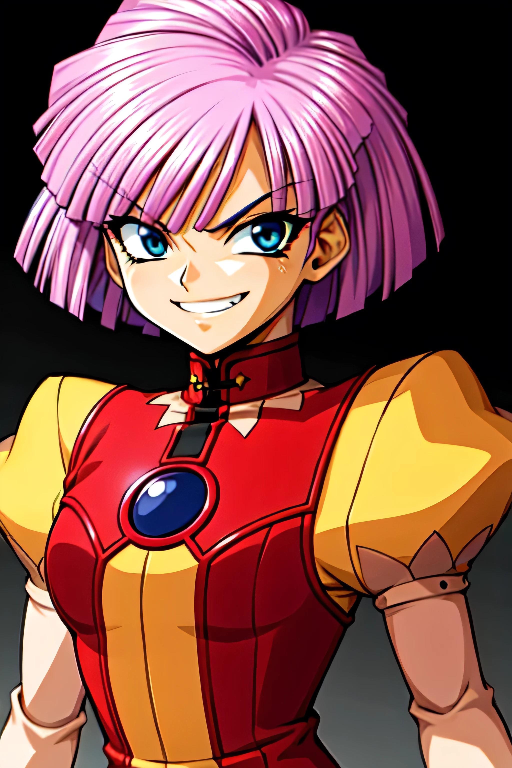 (best_quality 4K, 8K, High resolution, Masterpiece: 1.2), ultra detailed),from_below,(anime_screencap),(1girl,solo),dynamic_angle,too evil_smile,too evil laugh at,tis,deep shaded_face,too sadistic,smile worst,,bob short hair,,,looking at viewer,upper body,black background,too worst smile,too bad smile,too evil smirk,