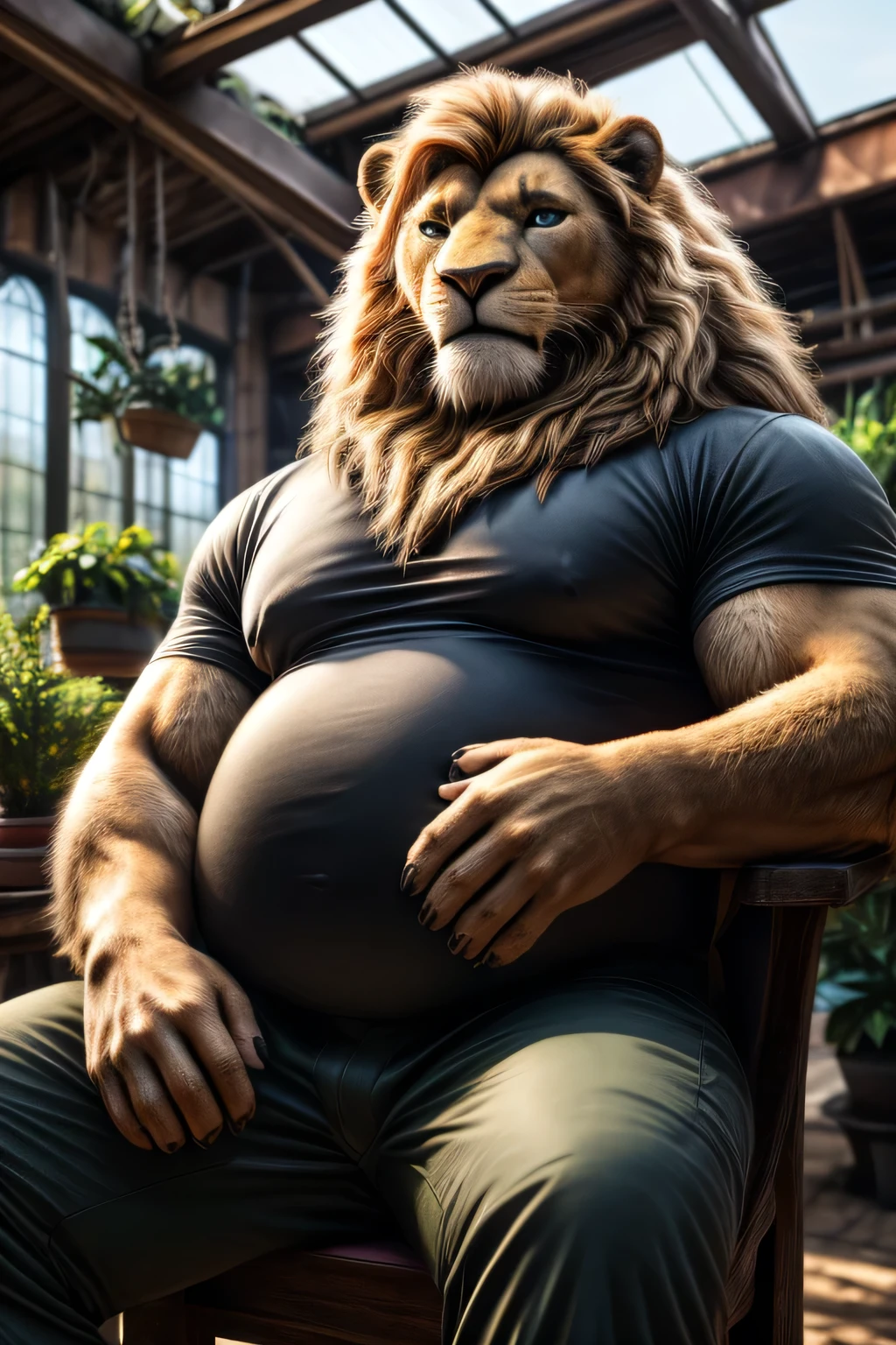 a very obese male lion with a long blond mane, extreme big and fat belly, extremely detailed eyes, feline hands, feral paws, long fur, heavy body hair, wearing a very tight shirt and tight cargo pants, sitting on a homemade chair in an indoor greenhouse, front view, portrait from the waist up, (best quality,8k,highres,masterpiece:1.2),ultra-detailed,(realistic,photorealistic,photo-realistic:1.37),HDR,UHD,studio lighting,ultra-fine painting,sharp focus,physically-based rendering,extreme detail description,professional,vivid colors,bokeh,cinematic,extremely detailed eyes and face, correct anatomy, correct eyes, correct hands