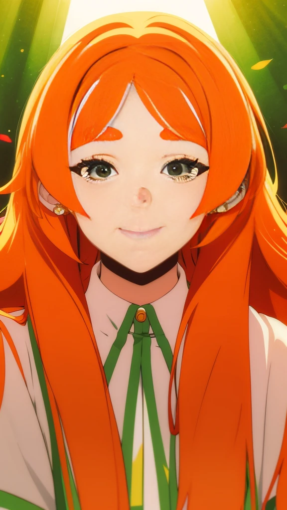 masterpiece portrait of a woman in Montreal at dawn, long hair, cute orange curly hair, smile, green eyes, freckles, floral print, dress, dawn, neon, rays of light, caustic, lens reflection, ((solo)), ishmael_limbus