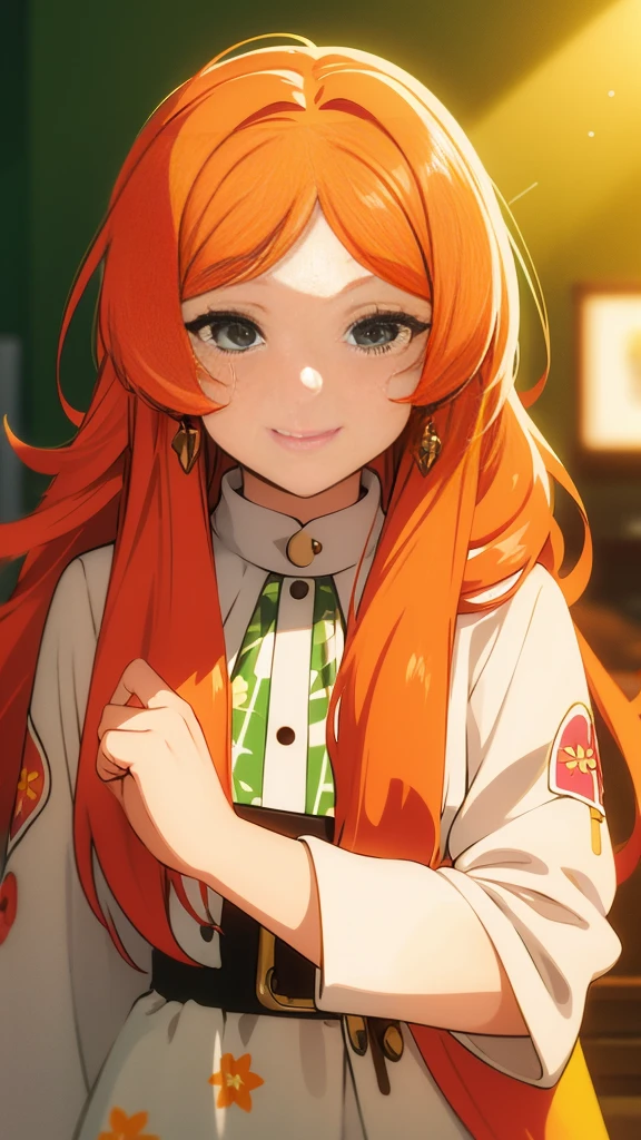 masterpiece portrait of a woman in Montreal at dawn, long hair, cute orange curly hair, smile, green eyes, freckles, floral print, dress, dawn, neon, rays of light, caustic, lens reflection, ((solo)), ishmael_limbus