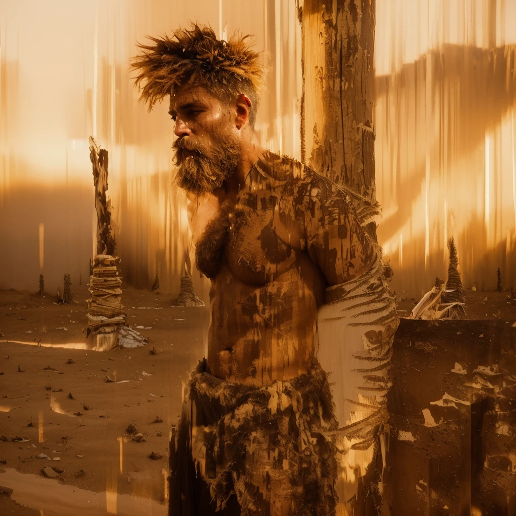 very tanned primitive buzzcut shaved head brutish sad Neanderthal Russian young man tied to wooden post in quarry desert mountains Sahara, very hot and dry environment, blond flaxen hair, brutish dumb face scratches blush barefoot wearing only skimpy loincloth barefoot, covered in scratches oil soot rashes, ragged, sweaty and unkempt, fit and sturdy, mesmerizing iconic art