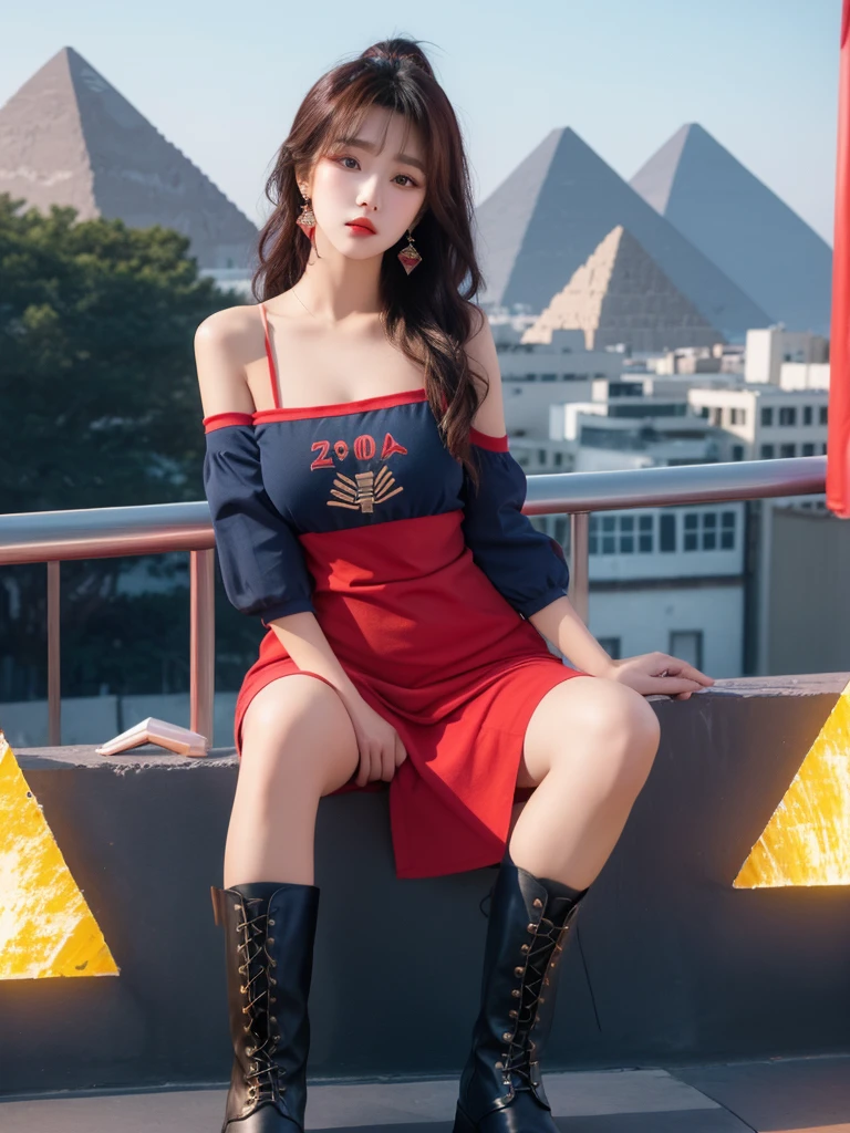 Beautiful woman wearing a dark blue and red Wearing swag style clothes mini dress with decorations on the shirt and visible shoulders and wearing boots and being photographed with a background And was in the pyramid ,Korean style swag, beautiful face so gorgeous, Beautiful eyes, y2k style,