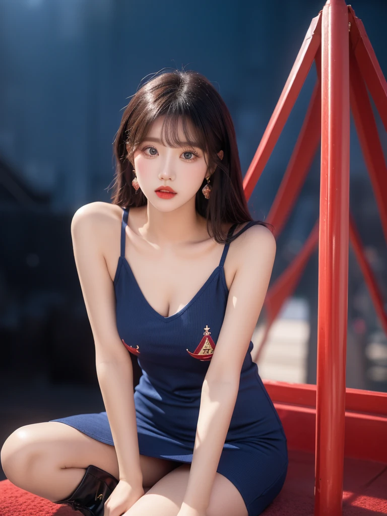 Beautiful woman wearing a dark blue and red Wearing swag style clothes mini dress with decorations on the shirt and visible shoulders and wearing boots and being photographed with a background And was in the pyramid ,Korean style swag, beautiful face so gorgeous, Beautiful eyes, y2k style,