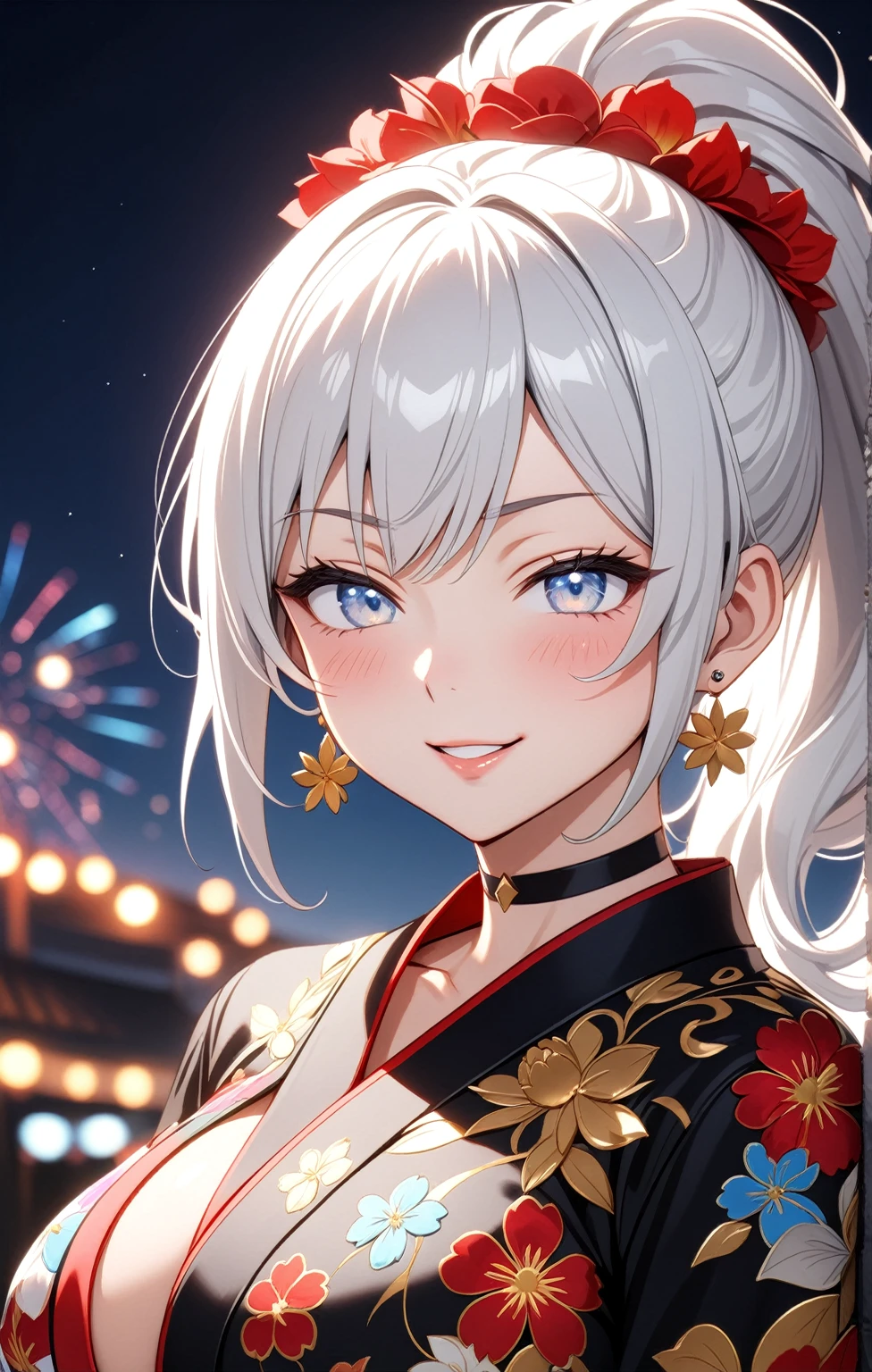 ((One personの女性)), Beautiful Face, (embarrassed), (smirk), sit,((Wink:1.8)),Laugh with your mouth wide open,((Bright red cheeks:1.4)),Shiny red lips,night,横浜のnight景,You can see the ocean, firework,,Glossy pink lips,Facial lighting,((Anime style background)),masterpiece, Highest quality, so beautiful,up to date, Complex details, (Pink long nails),  (ring),(bracelet),(choker),AI-generated, Complex,High resolution, Highest quality, super high quality,3D Images、3D Images,One person,Long white hair,High Ponytail,(blue eyes),Anime woman posing for a photo, ((Fine grain、Silvery white colorful eyes、Shining Eyes:1.3)),(Squint your eyes:1.1),a hyperRealistic , hyperRealistic , Realistic,Anime woman with long white hair, Smooth anime CG art, A woman in a colorful kimono with gold embroidery, (Black long sleeve kimono),Red floral pattern,Long flower hair ornament,Earrings,Mature Body,(Big Breasts:1.1),Tall,Abdominal muscles,Narrow waist,(Zoom up to face:1.5),(front view),