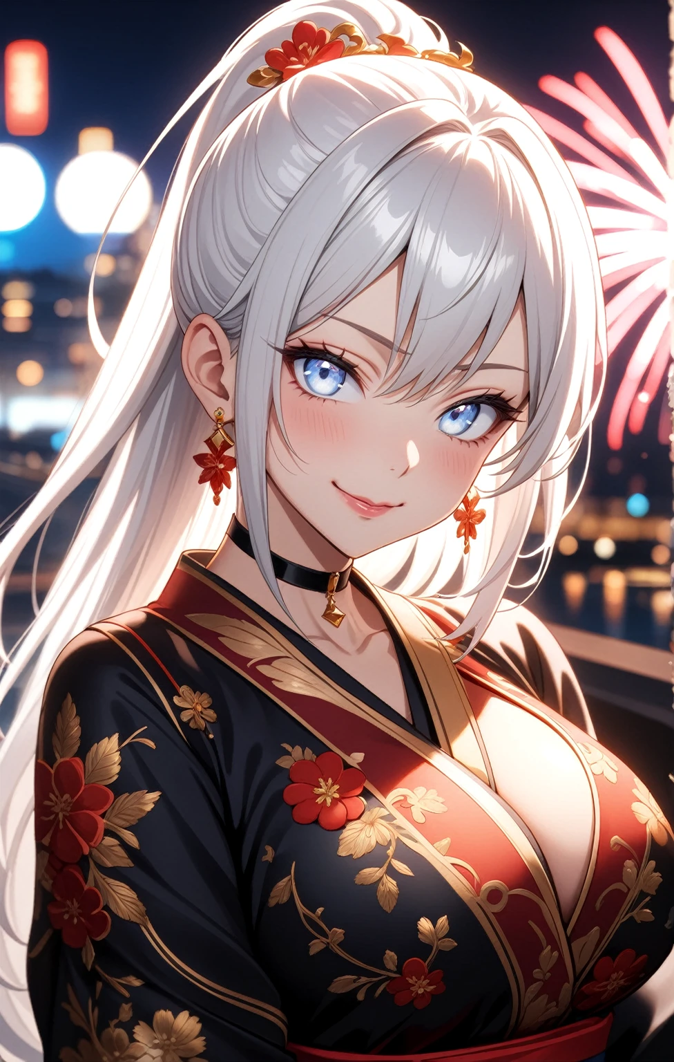 ((One personの女性)), Beautiful Face, (embarrassed), (smirk), sit,((Wink:1.8)),Laugh with your mouth wide open,((Bright red cheeks:1.4)),Shiny red lips,night,横浜のnight景,You can see the ocean, firework,,Glossy pink lips,Facial lighting,((Anime style background)),masterpiece, Highest quality, so beautiful,up to date, Complex details, (Pink long nails), (ring),(bracelet),(choker),AI-generated, Complex,High resolution, Highest quality, super high quality,3D Images、3D Images,One person,Long white hair,High Ponytail,(blue eyes),Anime woman posing for a photo, ((Fine grain、Silvery white colorful eyes、Shining Eyes:1.3)),(Squint your eyes:1.1),a hyperRealistic , hyperRealistic , Realistic,Anime woman with long white hair, Smooth anime CG art, A woman in a colorful kimono with gold embroidery, (Black long sleeve kimono),Red floral pattern,Long flower hair ornament,Earrings,Mature Body,(Big Breasts:1.1),Tall,Abdominal muscles,Narrow waist,(Zoom up to face:1.5),(front view),
