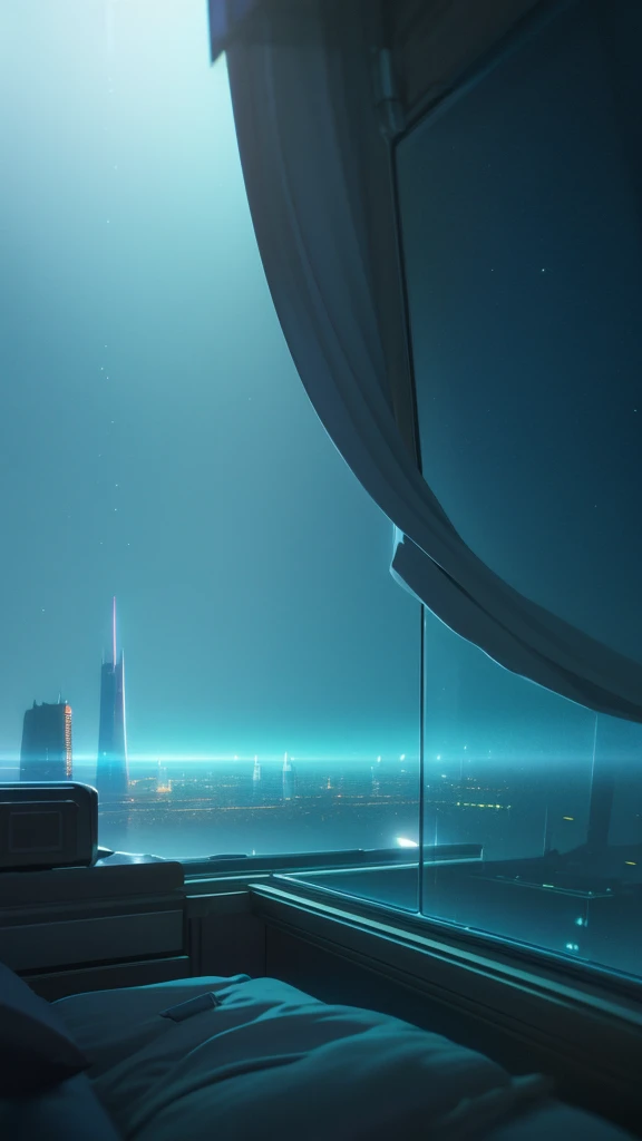 a gorgeous sci - fi bedroom matte painting by john harris, sparth and greg rutkowski. sharp edges, tiffany blue, grey orange, white and golden. sci - fi bedroom in a space base, outside the windows a future city skyline, light effect. ultra clear detailed, 3 d, octane render. 8 k