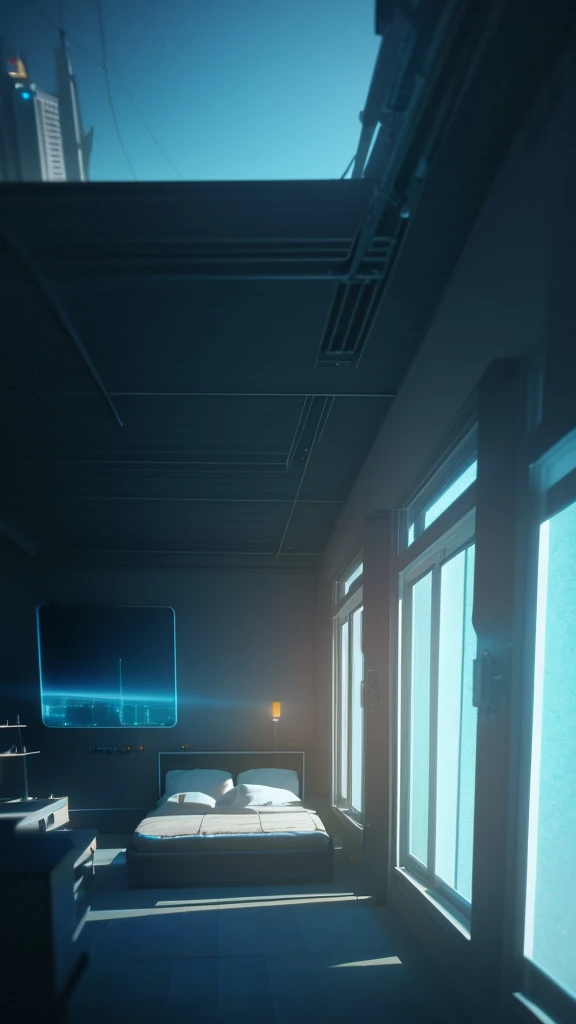 a gorgeous sci - fi bedroom matte painting by john harris, sparth and greg rutkowski. sharp edges, tiffany blue, grey orange, white and golden. sci - fi bedroom in a space base, outside the windows a future city skyline, light effect. ultra clear detailed, 3 d, octane render. 8 k