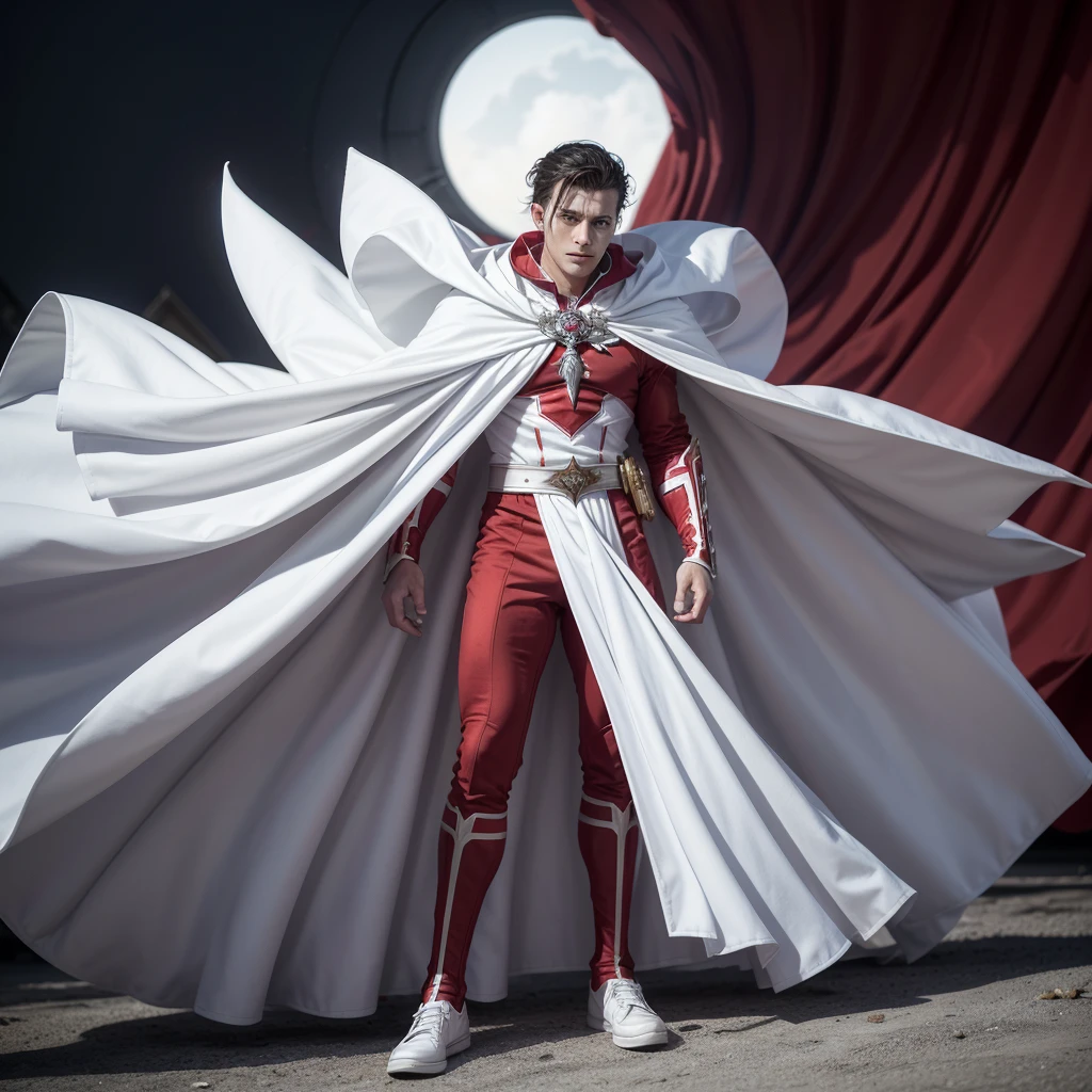 a cartoon of a man in a red and white suit and cape, new fantasy concept design, white and blood color scheme, Puerto Rican superhero, white and red armor, senor. nimbus character design, full body white purple cloak, streamlined white armor, inspired by Stan Stokes, boys tv show superhero, full body concept