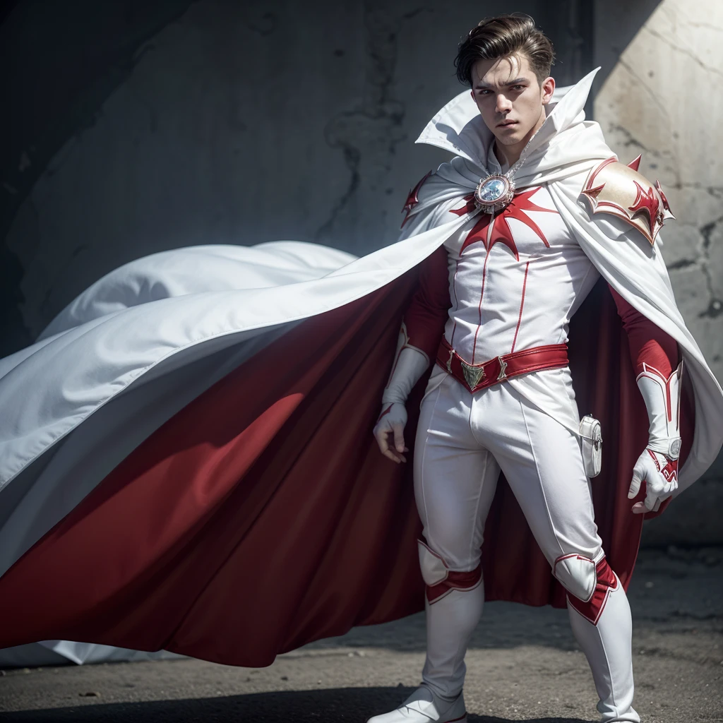 a cartoon of a man in a red and white suit and cape, new fantasy concept design, white and blood color scheme, Puerto Rican superhero, white and red armor, senor. nimbus character design, full body white purple cloak, streamlined white armor, inspired by Stan Stokes, boys tv show superhero, full body concept
