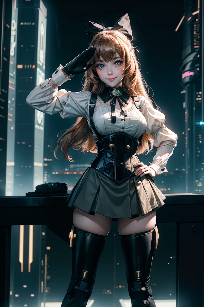 1girl, solo, smile, hand on hip, salute, underbust, Penny Polendina, long hair, neck ribbon, suspender skirt, corset, black bow, white blouse, mechanical legs, neon trim, standing in cyberpunk city, night, stars moon, mega skyscrapers, futuristic floating vehicles, neon signs, crowd wearing cyberpunk fashion