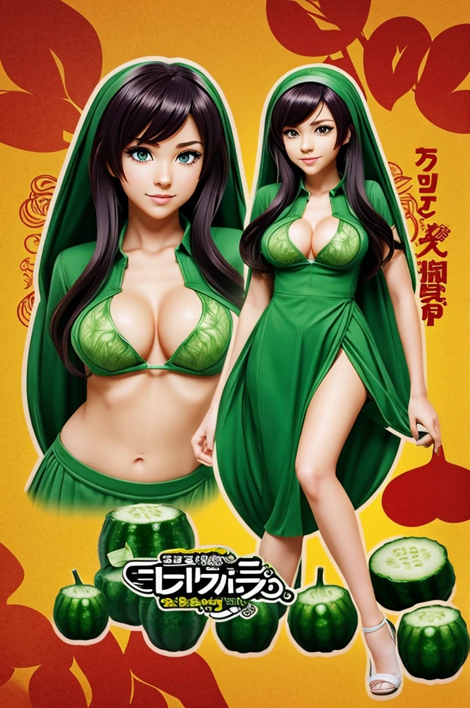 Create a female character with a wild cucumber theme, with anime animation