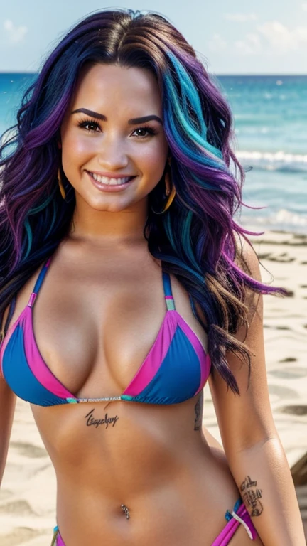 Demi Lovato with wavy hair wearing colorful bikini on the seashore and smiling sexy.