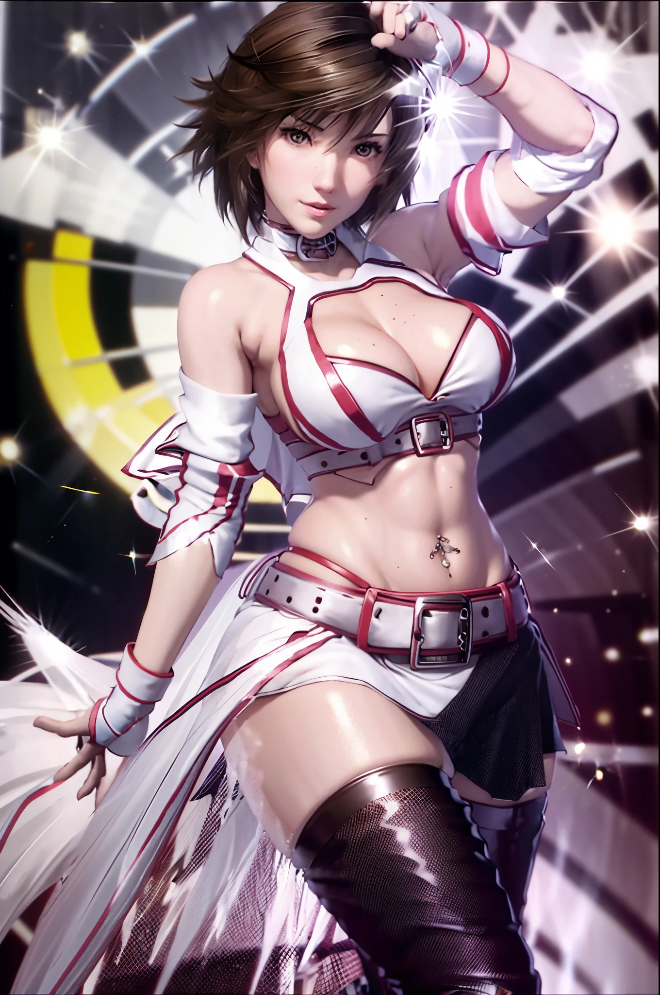 breasts, short hair, skirt, brown hair, thighhighs, gloves, navel, cleavage, brown eyes, boots, midriff, belt, miniskirt, crop top, piercing, race queen, navel piercing, fingerless gloves, clothing cutout, cleavage cutout, choker