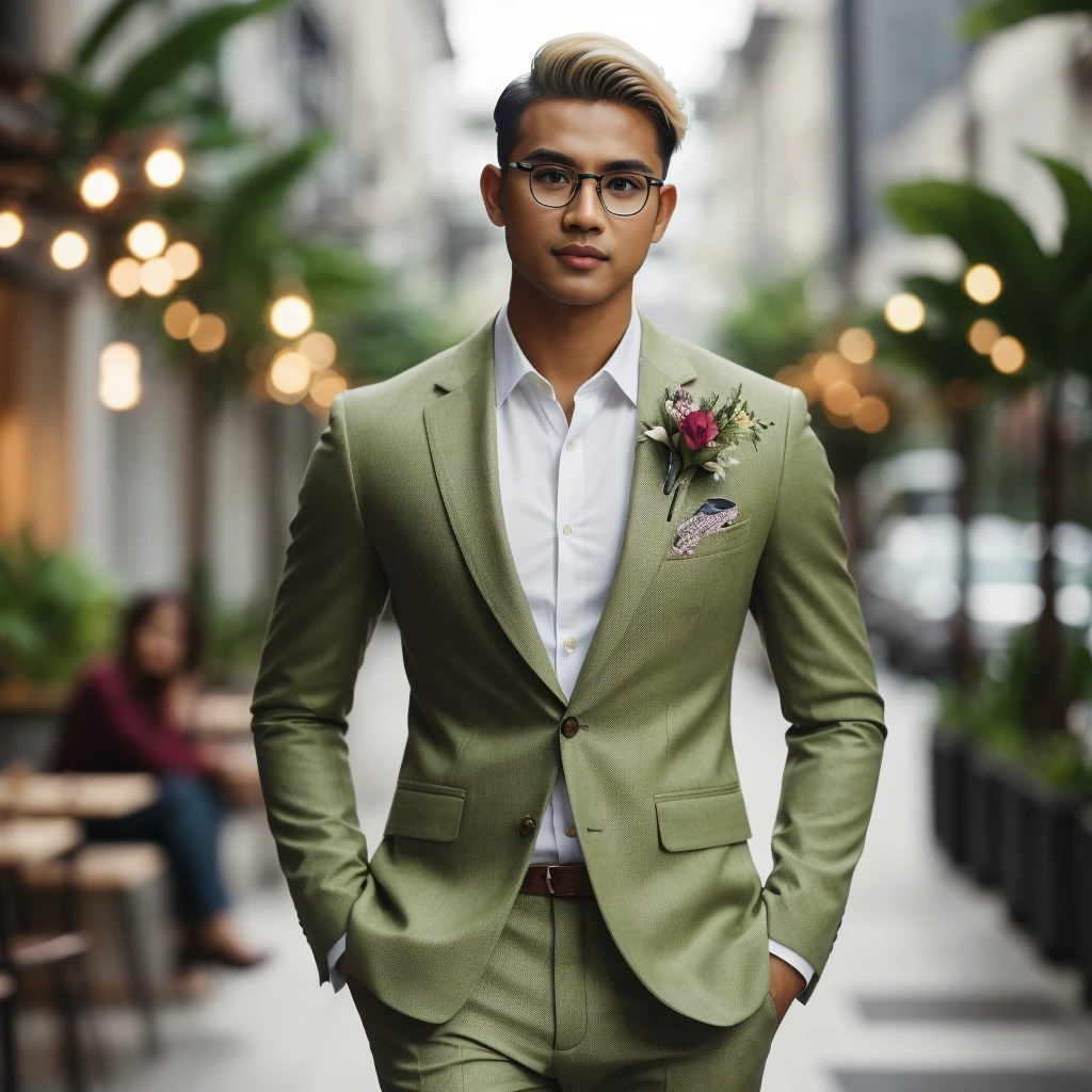 A professional masterpiece featuring one model: a full-body shot of a confident, handsome, charming Malay man with short taper fade blonde hair, natural makeup, a slight smile, wearing trendy eyeglasses and a lime luxury suit with flowers on the pocket, walking to a cafe. The setting is an outdoor street view with plants in pots around, dramatic soft lighting, depth of field effect, ultra realistic, high definition with special effects, making a cinematic scene, resembling a photo taken with a Sony 7000D camera.