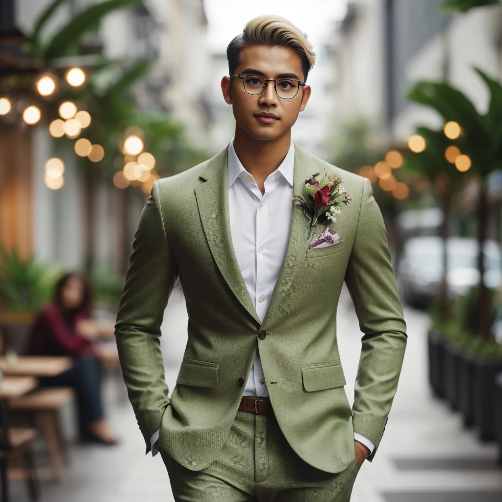 A professional masterpiece featuring one model: a full-body shot of a confident, handsome, charming Malay man with short taper fade blonde hair, natural makeup, a slight smile, wearing trendy eyeglasses and a lime luxury suit with flowers on the pocket, walking to a cafe. The setting is an outdoor street view with plants in pots around, dramatic soft lighting, depth of field effect, ultra realistic, high definition with special effects, making a cinematic scene, resembling a photo taken with a Sony 7000D camera.