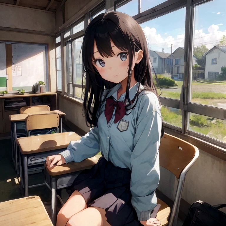 One Girl、Around 20 years old、An illustration、countryside、School、classroom、Window、Sit on a chair