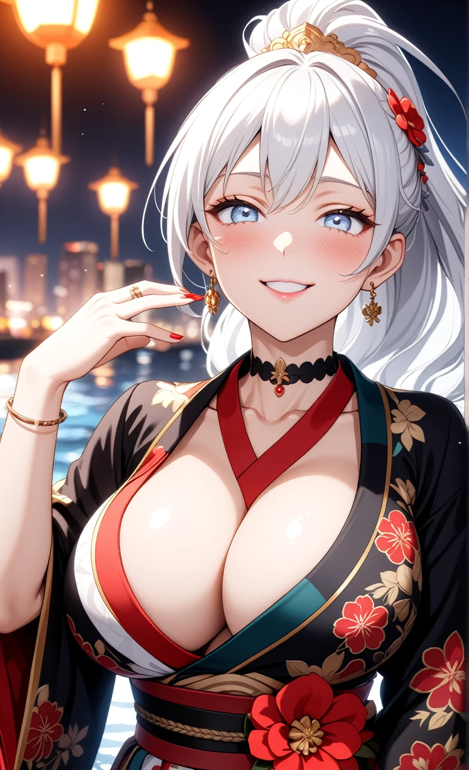 ((One personの女性)), Beautiful Face, Laughing embarrassedly((Wink:1.9)), (smirk), Laugh with your mouth wide open,((Bright red cheeks:1.4)),Shiny red lips,night,横浜のnight景,You can see the ocean, firework,,Glossy pink lips,Facial lighting,((Anime style background)),masterpiece, Highest quality, so beautiful,up to date, Complex details, (Pink long nails),  (ring),(bracelet),(choker),AI-generated, Complex,High resolution, Highest quality, super high quality,3D Images、3D Images,One person,Long white hair,High Ponytail,(blue eyes),Anime woman posing for a photo, ((Fine grain、Silvery white colorful eyes、Shining Eyes:1.3)),(Squint your eyes:1.1),a hyperRealistic , hyperRealistic , Realistic,Anime woman with long white hair, Smooth anime CG art, A woman in a colorful kimono with gold embroidery, (Black long sleeve kimono),Red floral pattern,Long flower hair ornament,Earrings,Mature Body,(Big Breasts:1.1),Tall,Abdominal muscles,Narrow waist,(Zoom up to face:1.5),(front view),