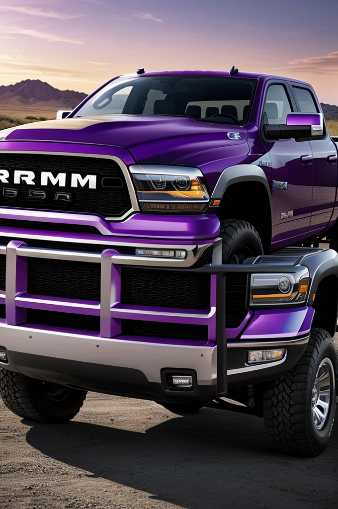 Make a drawing of a Ram 1500 truck model 2008 type illustration in black and lilac color with iridescent effect, side spoiler and 4 headlights above, in focused view