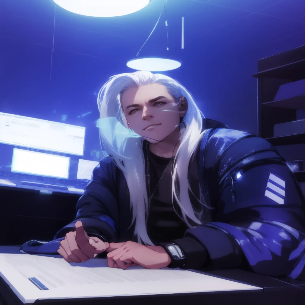 (absurdres, highres, ultra detailed), 1 male, mature, manly, tall muscular, handsome, finely detailed eyes, intricate details, portrait, looking at viewer, solo, half shot, detailed background, detailed face, (1980s synthwave theme:1.1)  high-tech futuristic hacker, smirk, advanced technology, hoodie, techwear, wearable device, keycard, cables,   (holographic display:1.05),   computer, password, control panel in background, blue lights,  dark sinister atmosphere, shadows,