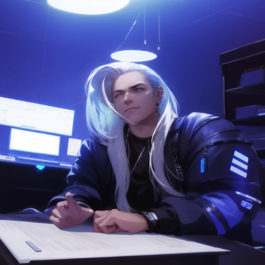 (absurdres, highres, ultra detailed), 1 male, mature, manly, tall muscular, handsome, finely detailed eyes, intricate details, portrait, looking at viewer, solo, half shot, detailed background, detailed face, (1980s synthwave theme:1.1) high-tech futuristic hacker, smirk, advanced technology, hoodie, techwear, wearable device, keycard, cables, (holographic display:1.05), computer, password, control panel in background, blue lights, dark sinister atmosphere, shadows,
