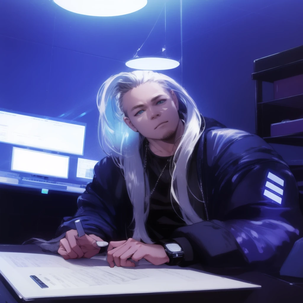 (absurdres, highres, ultra detailed), 1 male, mature, manly, tall muscular, handsome, finely detailed eyes, intricate details, portrait, looking at viewer, solo, half shot, detailed background, detailed face, (1980s synthwave theme:1.1) high-tech futuristic hacker, smirk, advanced technology, hoodie, techwear, wearable device, keycard, cables, (holographic display:1.05), computer, password, control panel in background, blue lights, dark sinister atmosphere, shadows,