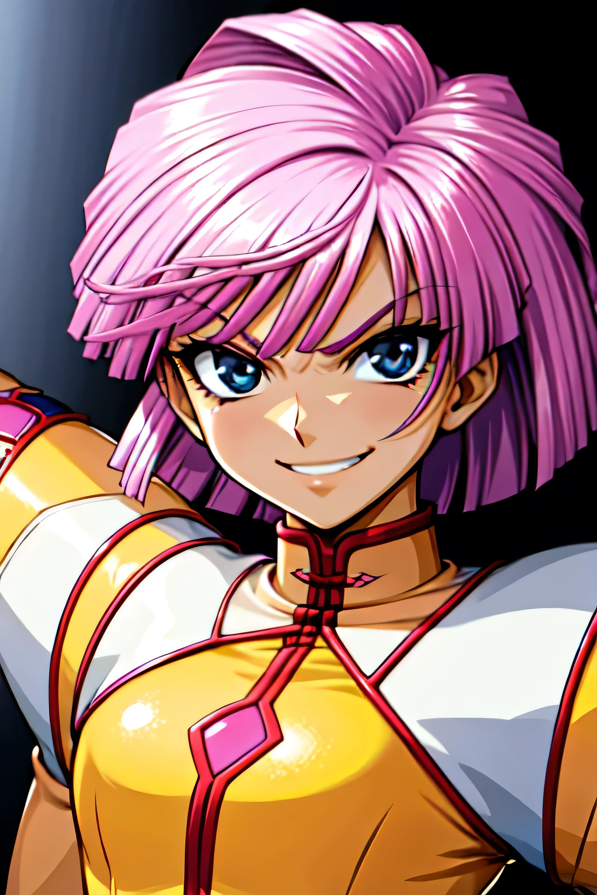 (best_quality 4K, 8K, High resolution, Masterpiece: 1.2), ultra detailed),from_below,(anime_screencap),(1girl,solo),dynamic_angle,too evil_smile,too evil laugh at,tis,deep shaded_face,too sadistic,smile worst,,bob short  hair,,,looking at viewer,upper body,black background,too worst smile,too bad smile,too evil smirk,