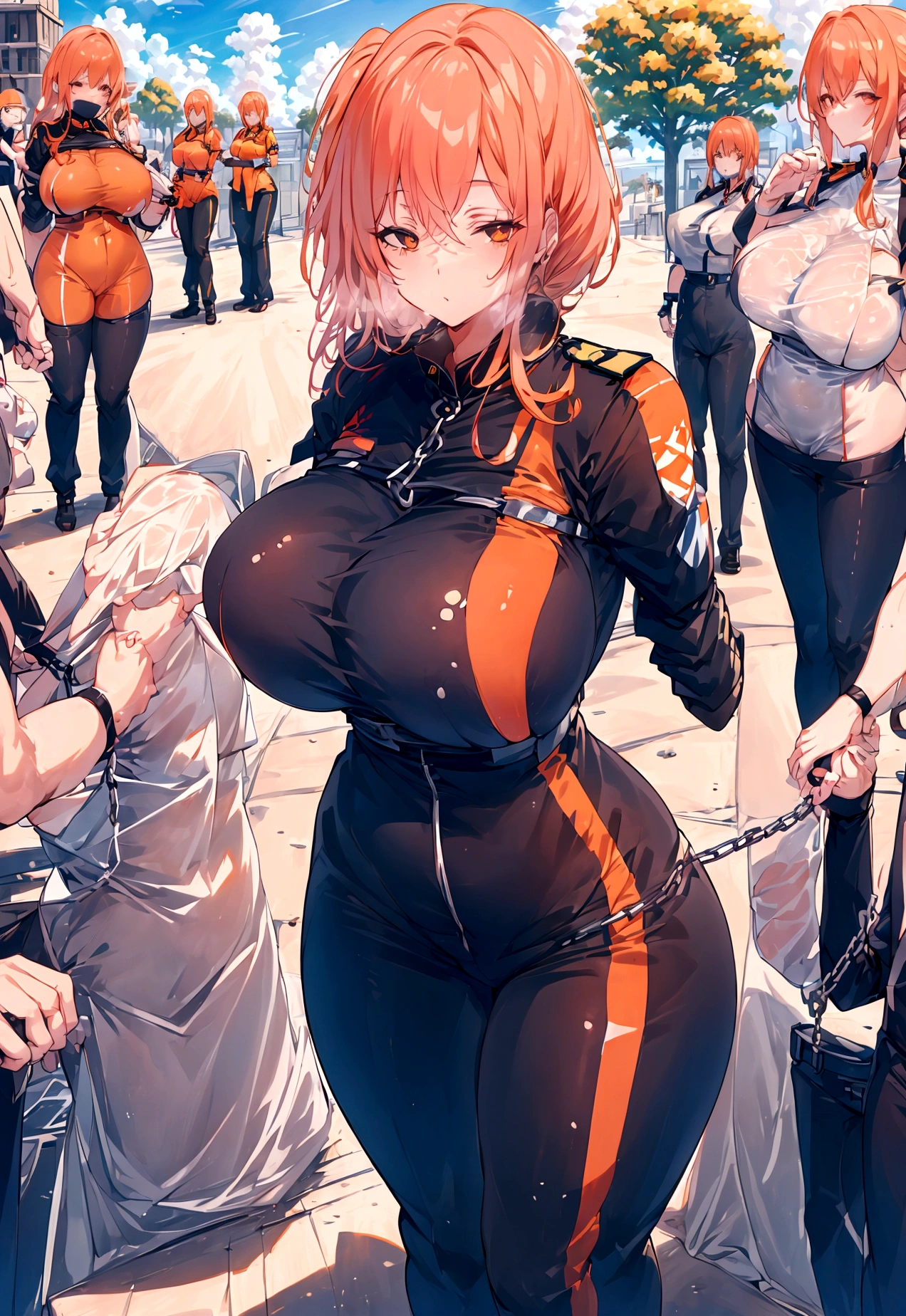 handcuffed, arrested, mature female, big breasts ,40 years old, orange jumpsuit, prisoner, orange prison uniform, waifu material, mature, handcuffed, chained, handcuffed, chained
